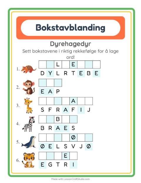 Forhåndsvisning av Bokstavspill-arbeidsark med Dyrehagedyr for 1. trinn