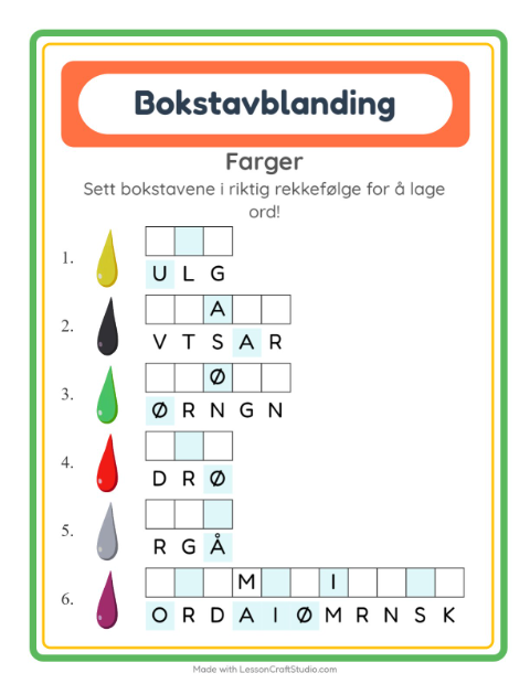 Forhåndsvisning av Bokstavspill-arbeidsark med Farger for 1. trinn