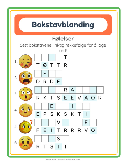 Forhåndsvisning av Bokstavspill-arbeidsark med Følelser for 1. trinn
