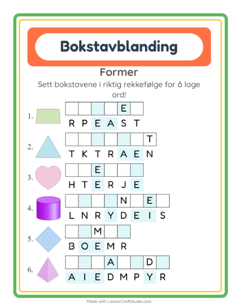 Forhåndsvisning av Bokstavspill-arbeidsark med Former for 1. trinn