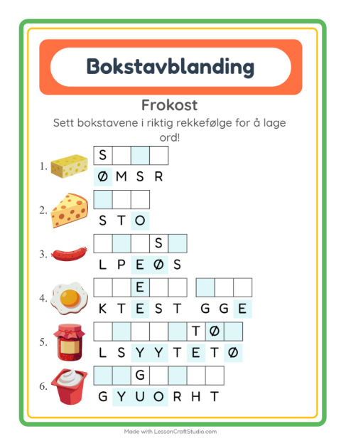 Forhåndsvisning av Bokstavspill-arbeidsark med Frokost for 1. trinn