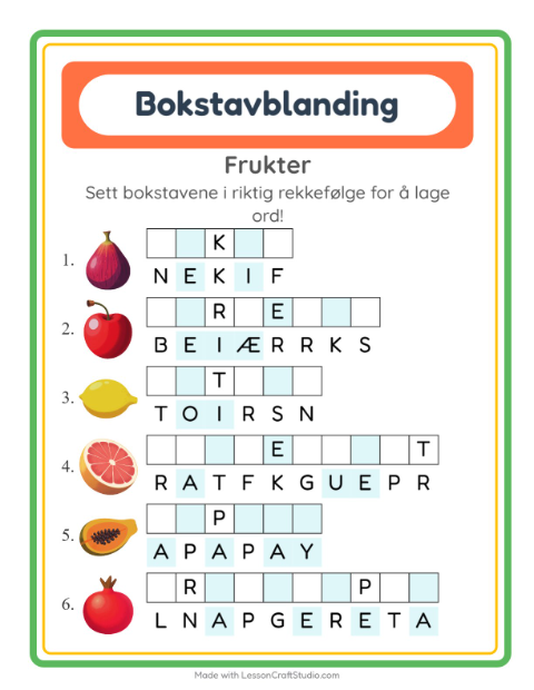 Forhåndsvisning av Bokstavspill-arbeidsark med Frukter for 1. trinn