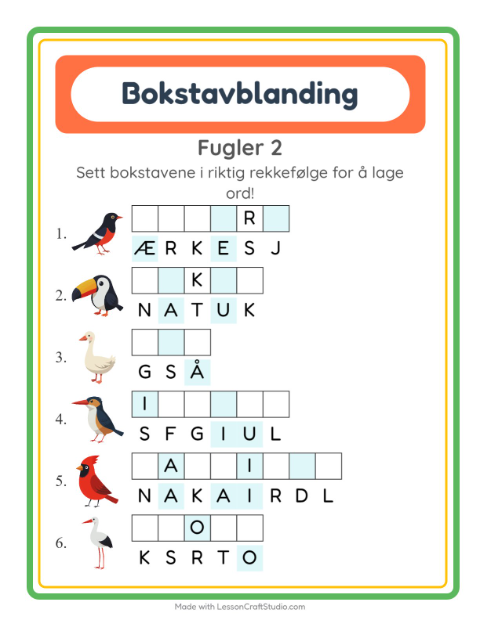 Forhåndsvisning av Bokstavspill-arbeidsark med Fugler 2 for 1. trinn