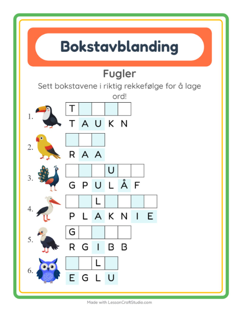 Forhåndsvisning av Bokstavspill-arbeidsark med Fugler for 1. trinn