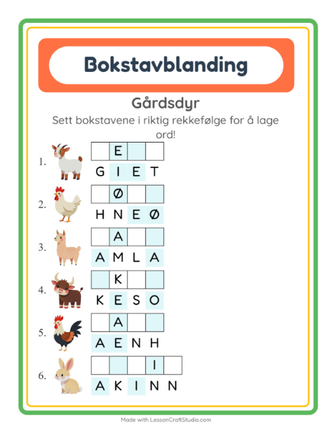 Forhåndsvisning av Bokstavspill-arbeidsark med Gårdsdyr for 1. trinn