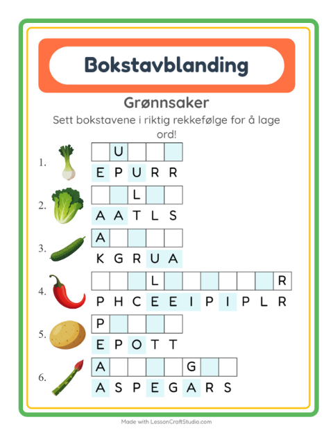 Forhåndsvisning av Bokstavspill-arbeidsark med Grønnsaker for 1. trinn