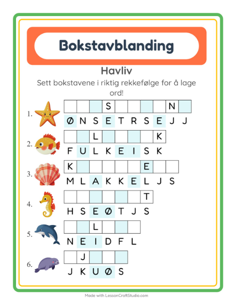 Forhåndsvisning av Bokstavspill-arbeidsark med Havliv for 1. trinn