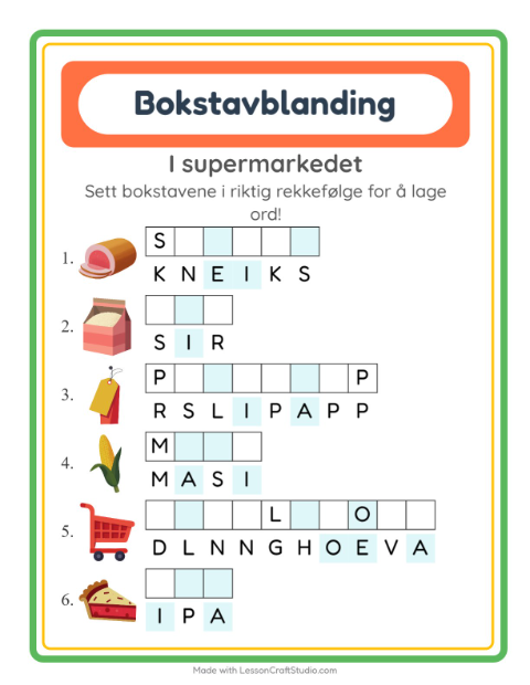 Forhåndsvisning av Bokstavspill-arbeidsark med I supermarkedet for 1. trinn