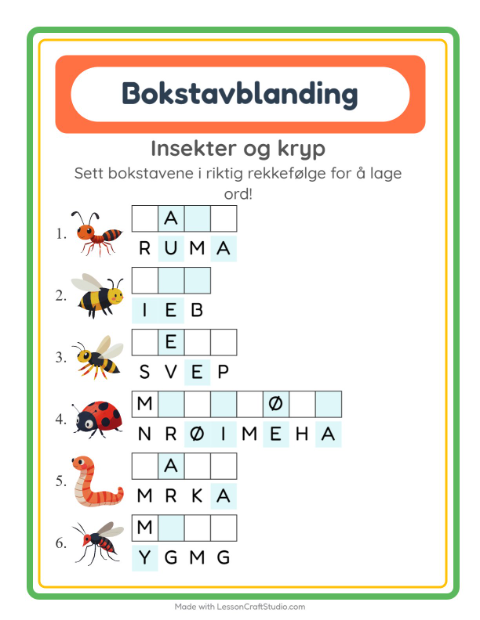 Forhåndsvisning av Bokstavspill-arbeidsark med Insekter og kryp for 1. trinn