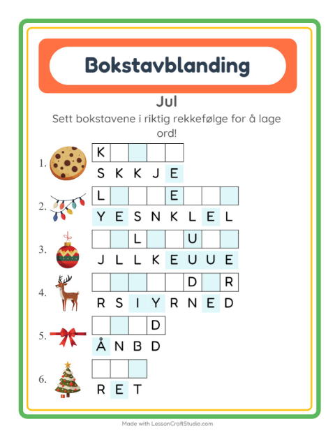 Forhåndsvisning av Bokstavspill-arbeidsark med Jul for 1. trinn