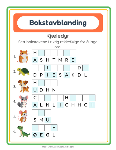 Forhåndsvisning av Bokstavspill-arbeidsark med Kjæledyr for 1. trinn