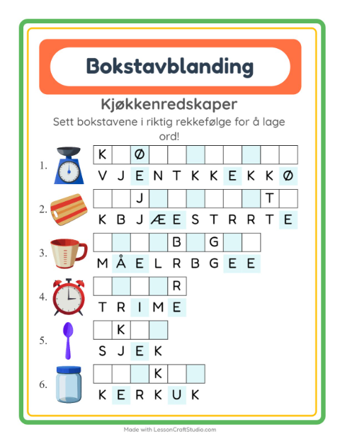 Forhåndsvisning av Bokstavspill-arbeidsark med Kjøkkenredskaper for 1. trinn