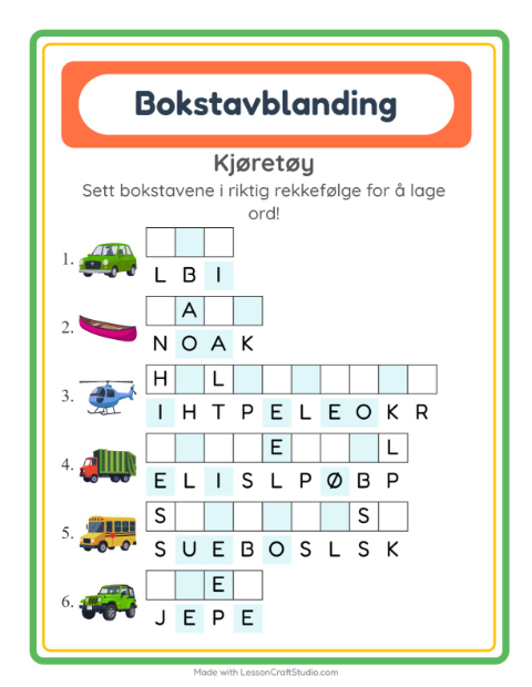 Forhåndsvisning av Bokstavspill-arbeidsark med Kjøretøy for 1. trinn