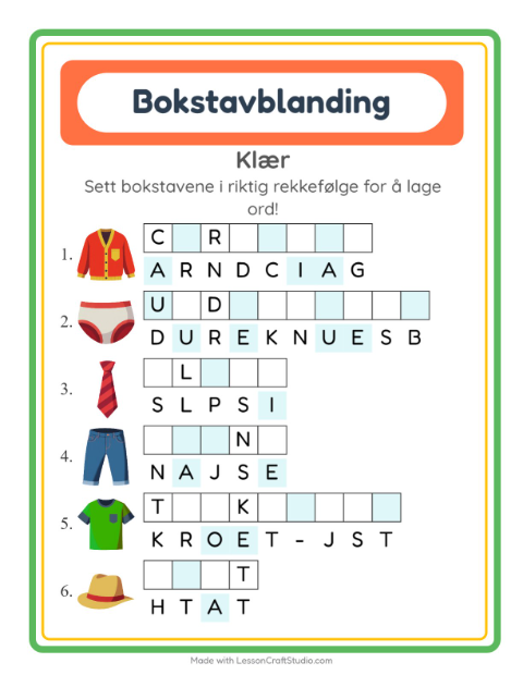 Forhåndsvisning av Bokstavspill-arbeidsark med Klær for 1. trinn