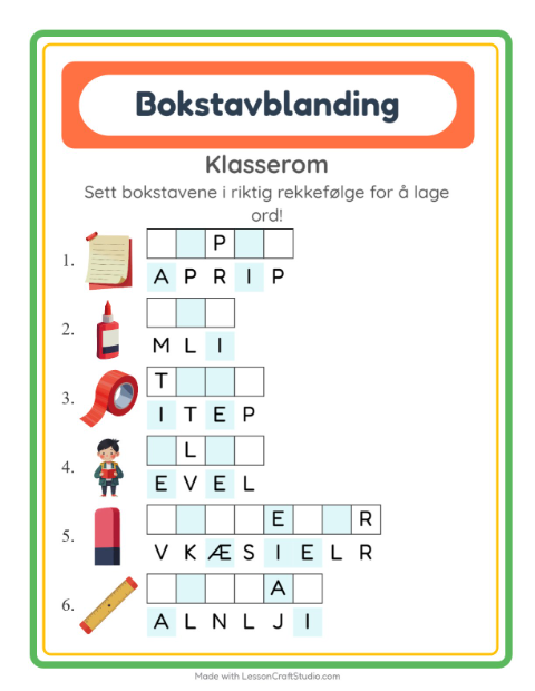 Forhåndsvisning av Bokstavspill-arbeidsark med Klasserom for 1. trinn