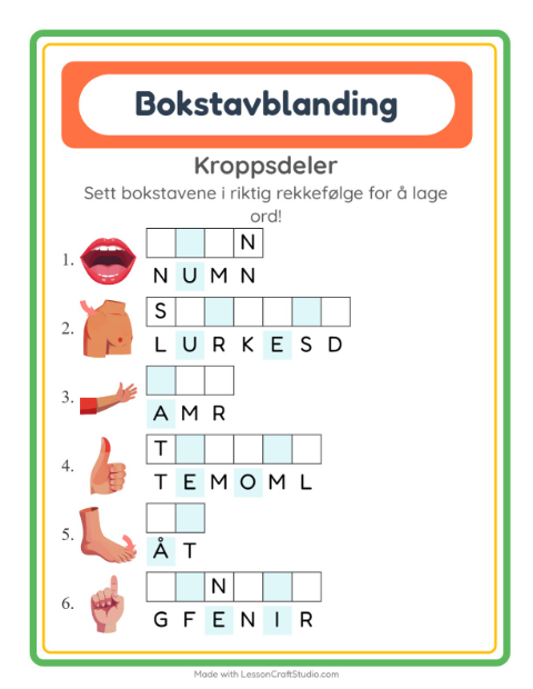 Forhåndsvisning av Bokstavspill-arbeidsark med Kroppsdeler for 1. trinn