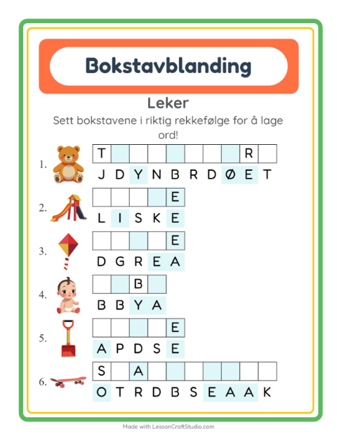 Forhåndsvisning av Bokstavspill-arbeidsark med Leker for 1. trinn
