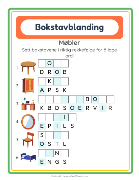 Forhåndsvisning av Bokstavspill-arbeidsark med Møbler for 1. trinn