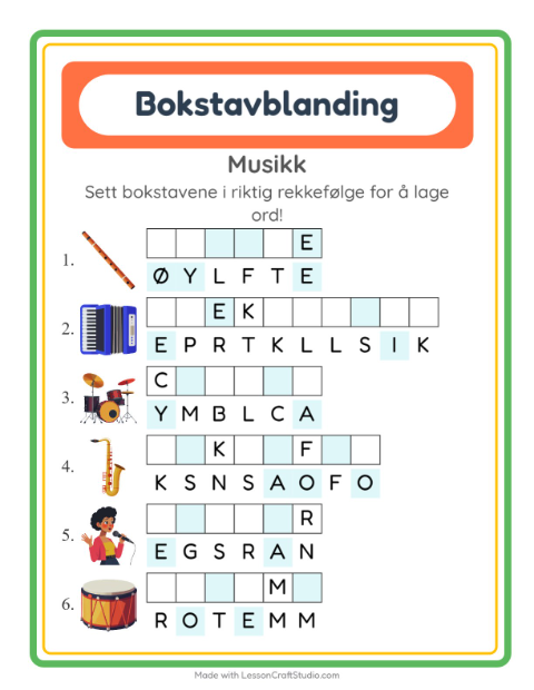 Forhåndsvisning av Bokstavspill-arbeidsark med Musikk for 1. trinn