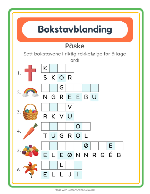 Forhåndsvisning av Bokstavspill-arbeidsark med Påske for 1. trinn