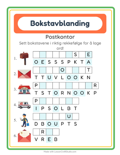 Forhåndsvisning av Bokstavspill-arbeidsark med Postkontor for 1. trinn