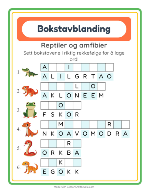 Forhåndsvisning av Bokstavspill-arbeidsark med Reptiler og amfibier for 1. trinn