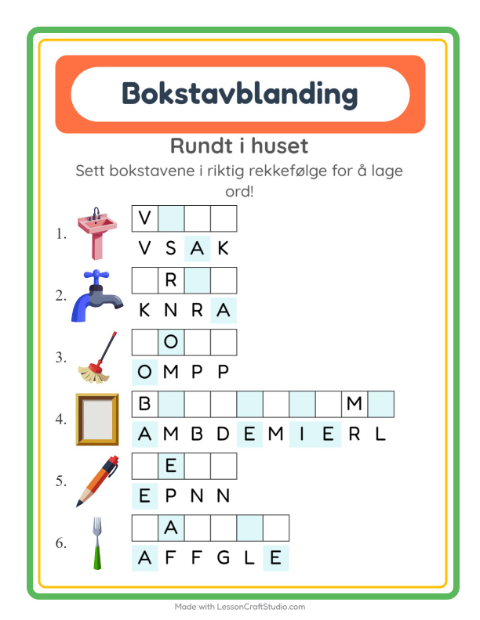 Forhåndsvisning av Bokstavspill-arbeidsark med Rundt i huset for 1. trinn