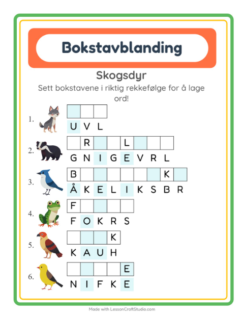 Forhåndsvisning av Bokstavspill-arbeidsark med Skogsdyr for 1. trinn
