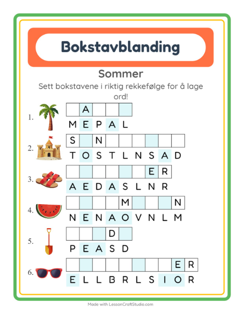 Forhåndsvisning av Bokstavspill-arbeidsark med Sommer for 1. trinn