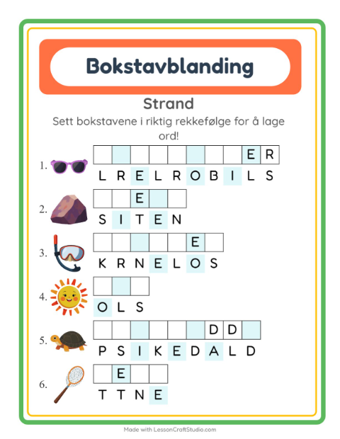 Forhåndsvisning av Bokstavspill-arbeidsark med Strand for 1. trinn