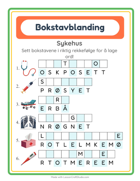 Forhåndsvisning av Bokstavspill-arbeidsark med Sykehus for 1. trinn