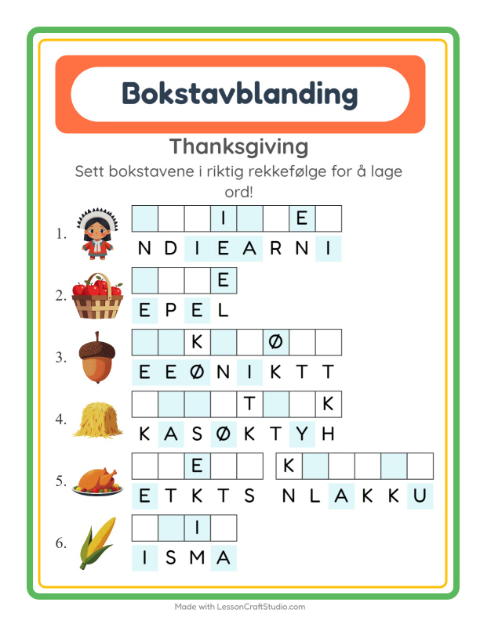 Forhåndsvisning av Bokstavspill-arbeidsark med Thanksgiving for 1. trinn