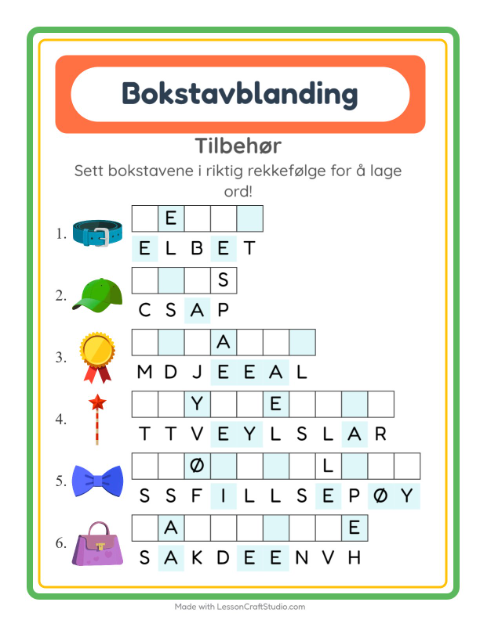 Forhåndsvisning av Bokstavspill-arbeidsark med Tilbehør for 1. trinn
