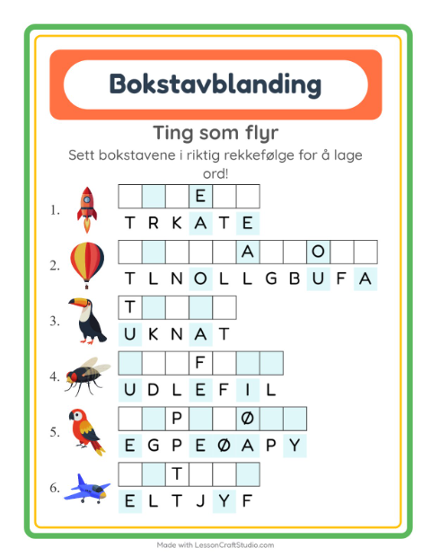 Forhåndsvisning av Bokstavspill-arbeidsark med Ting som flyr for 1. trinn