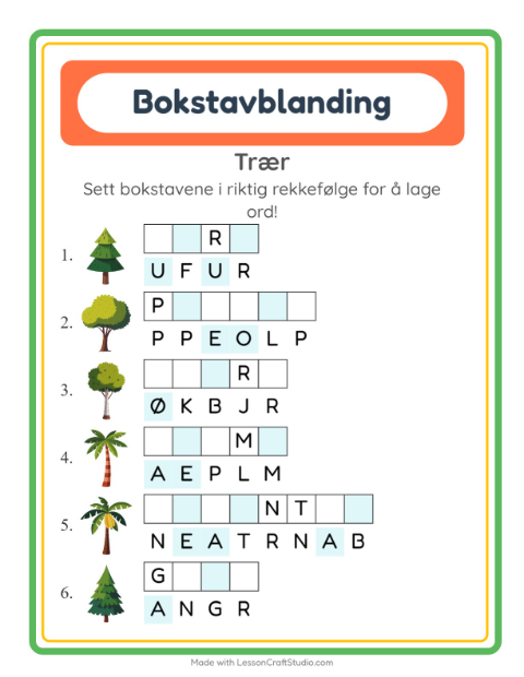 Forhåndsvisning av Bokstavspill-arbeidsark med Trær for 1. trinn