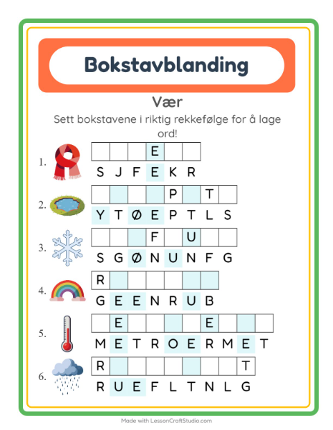Forhåndsvisning av Bokstavspill-arbeidsark med Vær for 1. trinn