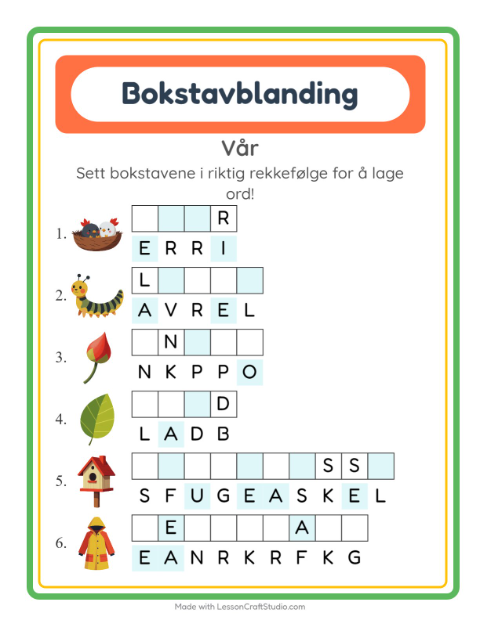 Forhåndsvisning av Bokstavspill-arbeidsark med Vår for 1. trinn