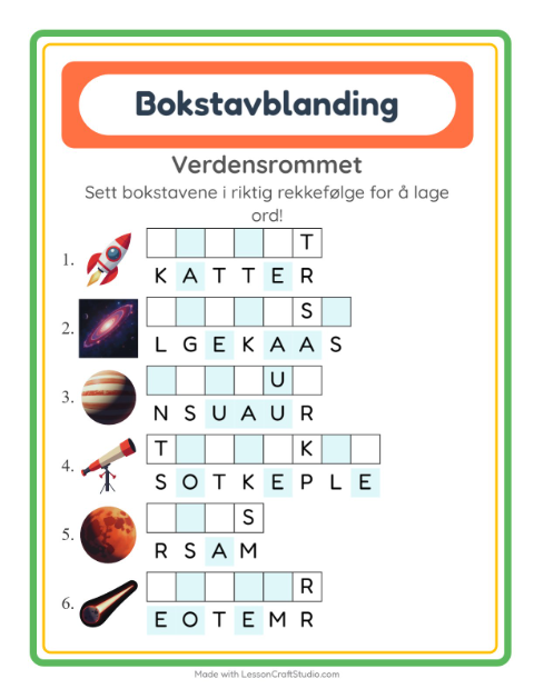 Forhåndsvisning av Bokstavspill-arbeidsark med Verdensrommet for 1. trinn