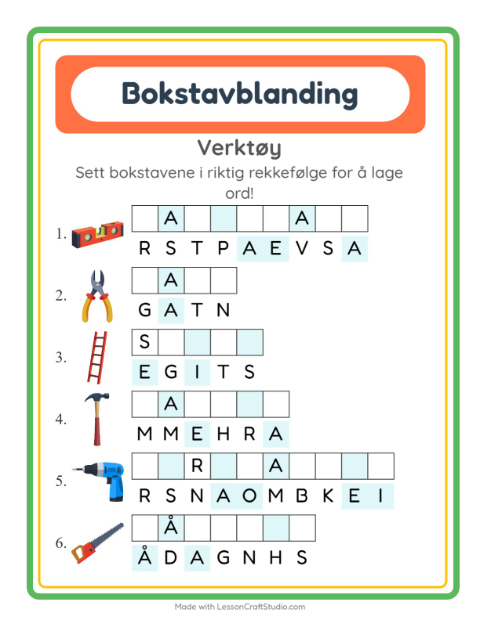 Forhåndsvisning av Bokstavspill-arbeidsark med Verktøy for 1. trinn