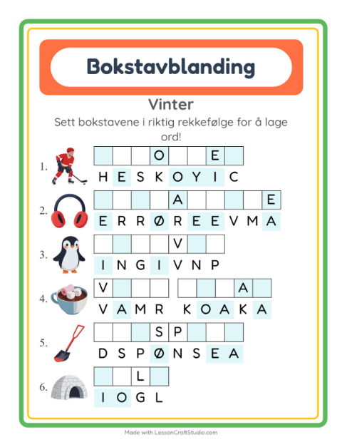 Forhåndsvisning av Bokstavspill-arbeidsark med Vinter for 1. trinn