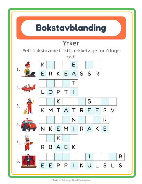 Forhåndsvisning av Bokstavspill-arbeidsark med Yrker for 1. trinn