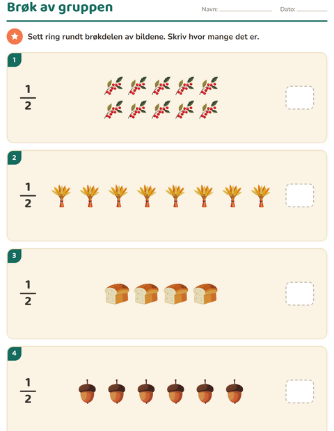Forhåndsvisning av Brøk-arbeidsark med Thanksgiving for 3. trinn