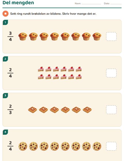 Forhåndsvisning av Brøk-arbeidsark med Desserter og godteri for 2. trinn
