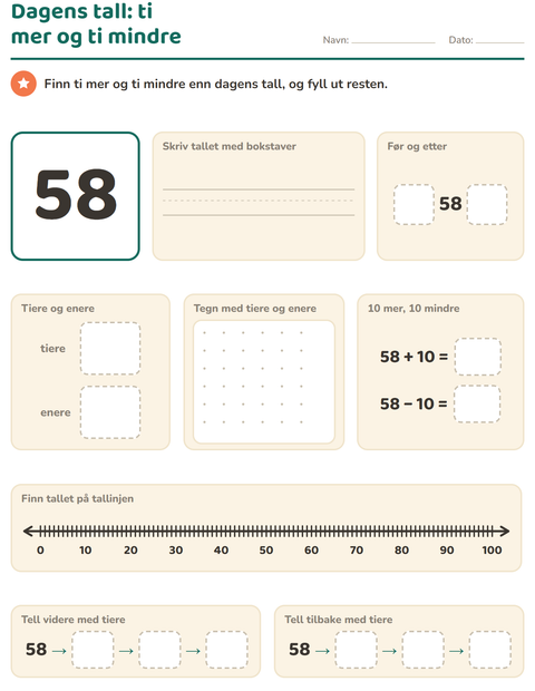 Forhåndsvisning av Dagens tall-arbeidsark for 1. trinn