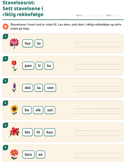 Forhåndsvisning av Dele ord i stavelser-arbeidsark med Blomster for 1. trinn