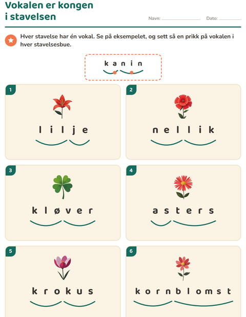 Forhåndsvisning av Dele ord i stavelser-arbeidsark med Blomster for 1. trinn