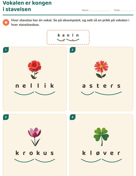 Forhåndsvisning av Dele ord i stavelser-arbeidsark med Blomster for 1. trinn
