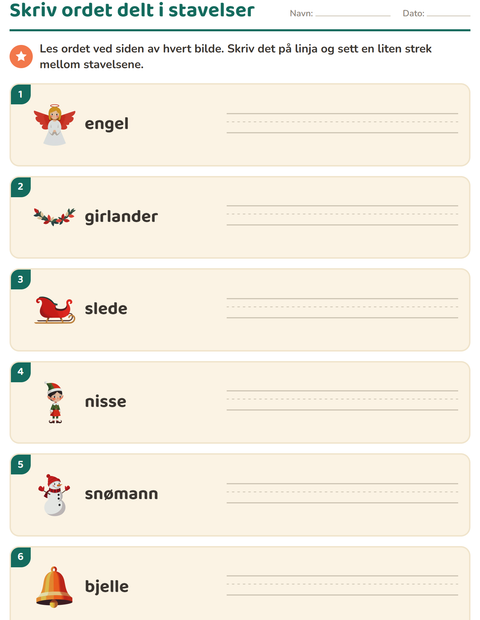 Forhåndsvisning av Dele ord i stavelser-arbeidsark med Jul for 1. trinn