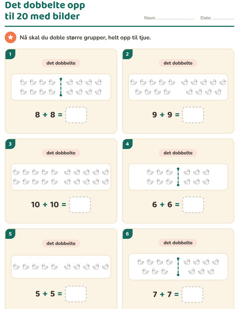 Forhåndsvisning av Det dobbelte og halvparten-arbeidsark med Fugler S&H for 1. trinn