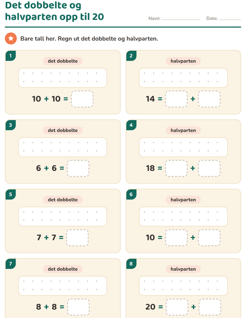 Forhåndsvisning av Det dobbelte og halvparten-arbeidsark for 1. trinn